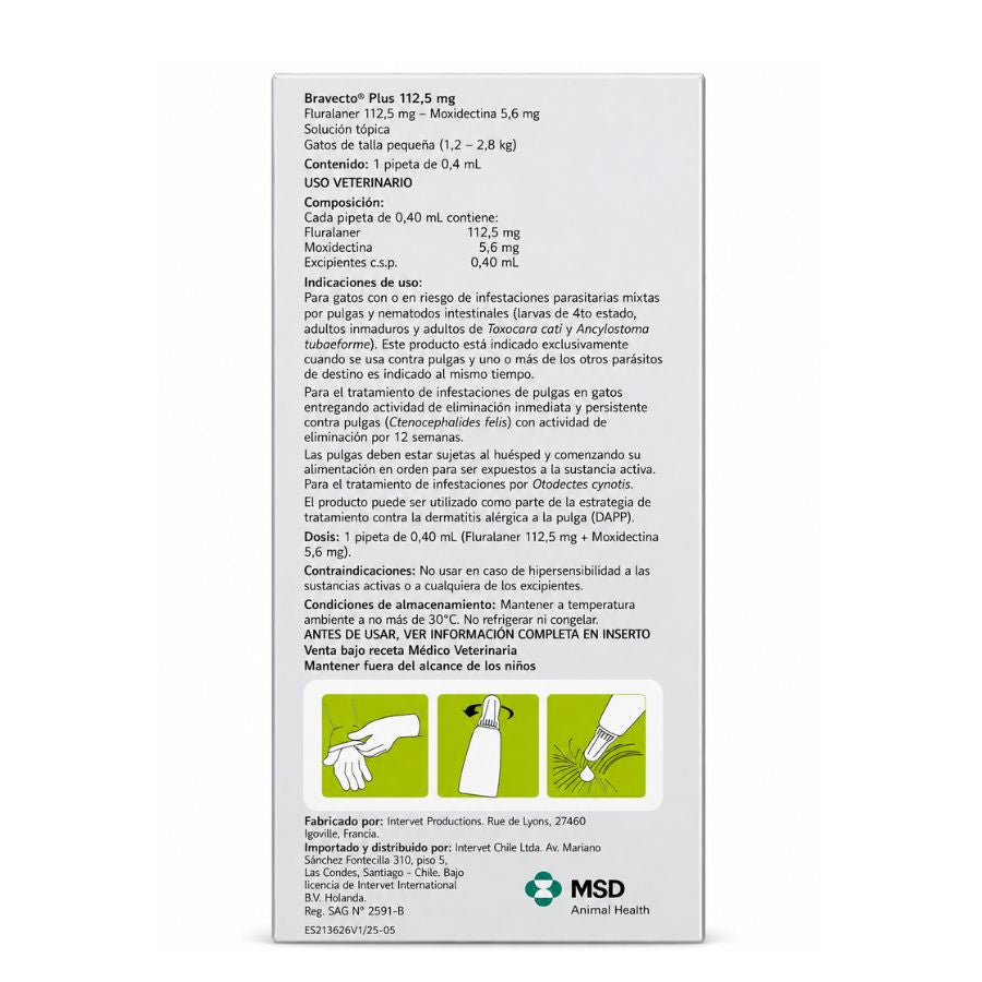 Reverso de Bravecto Plus Gato 1,2-2,8 kg: composición con fluralaner 112,5 mg y moxidectina 5,6 mg, Reg. SAG N° 2591-B