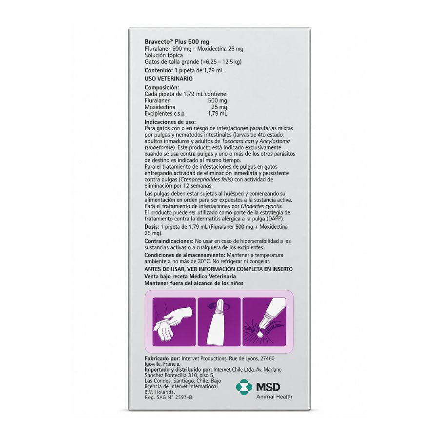 Reverso de Bravecto Plus Gato 6,25-12,5 kg: composición con fluralaner 500 mg y moxidectina 25 mg, Reg. SAG N° 2593-B