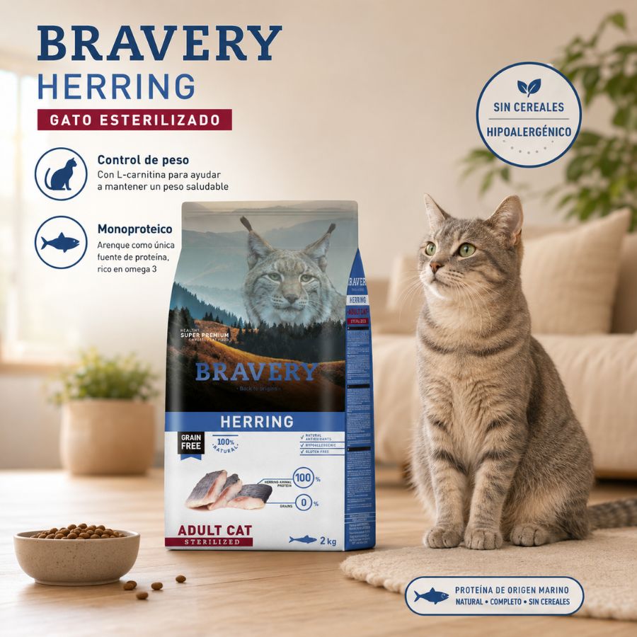 Gato atigrado junto al saco de Bravery Herring 2 kg, con sellos sin cereales, hipoalergénico y control de peso
