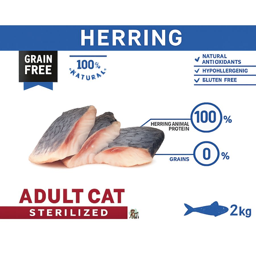 Infografía Bravery Herring: 100% proteína animal de arenque y 0% cereales, grain free, hipoalergénico y sin gluten