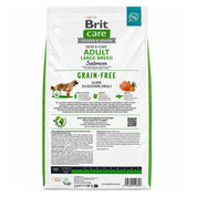 Reverso de Brit Care Grain-free Large Breed Salmón 12 kg con composición, análisis y tabla de alimentación por peso