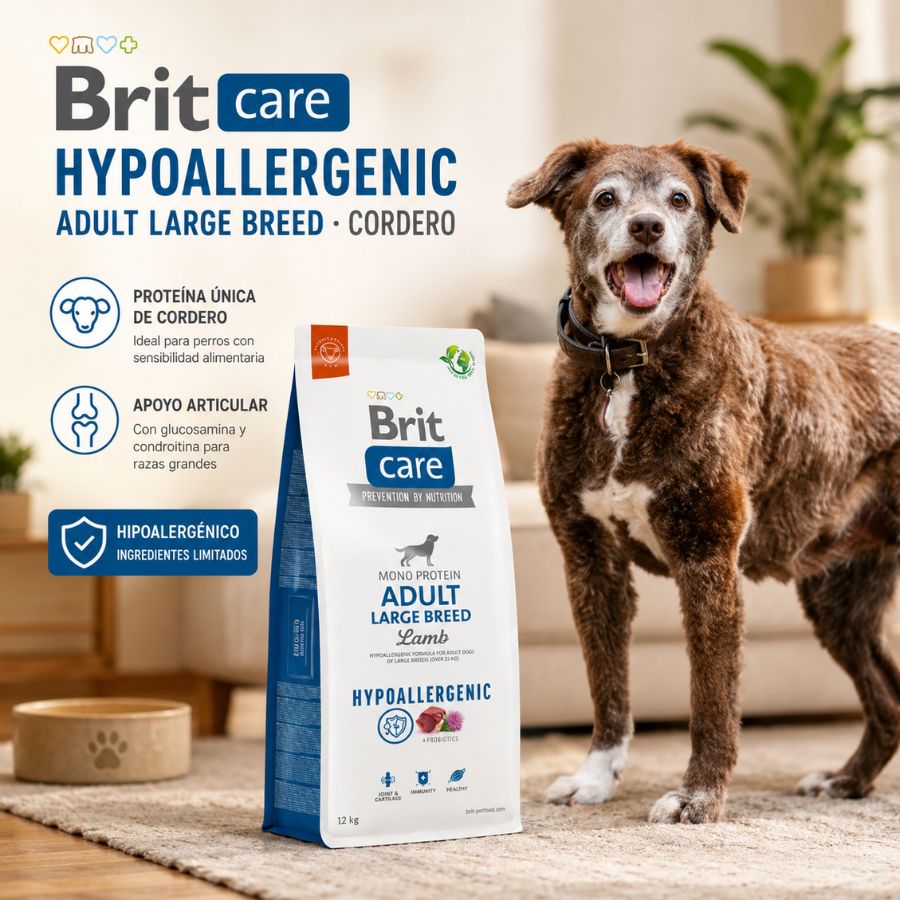 Perro de raza grande junto a la bolsa de Brit Care Cordero 12 kg, con proteína única de cordero y apoyo articular