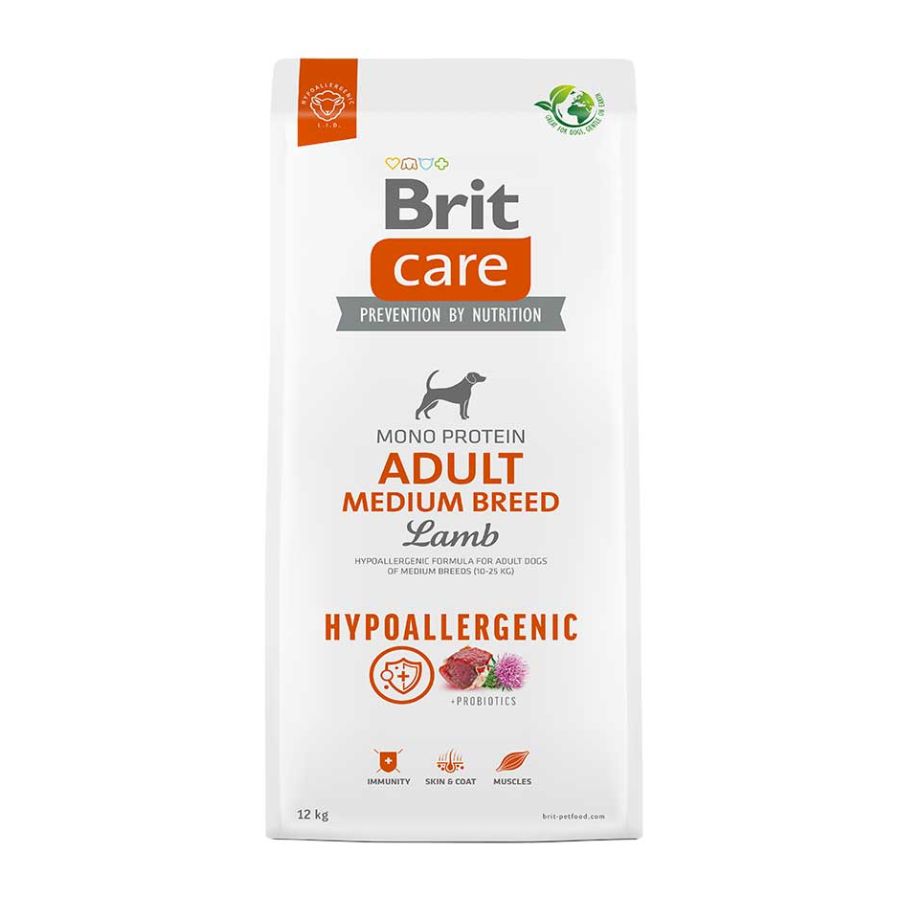 Bolsa de Brit Care Hypoallergenic Adult Medium Breed Cordero 12 kg, alimento monoproteico para perros medianos, vista frontal