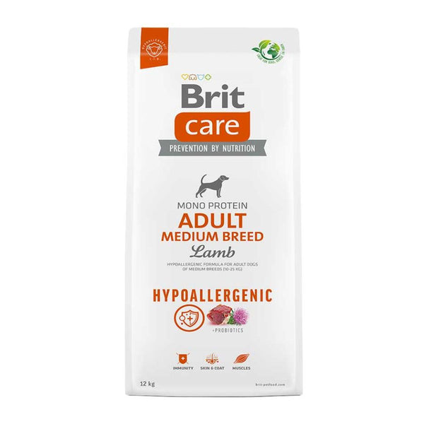 Bolsa de Brit Care Hypoallergenic Adult Medium Breed Cordero 12 kg, alimento monoproteico para perros medianos, vista frontal