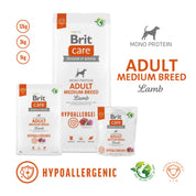 Formatos de Brit Care Hypoallergenic Medium Breed Cordero: bolsas de 1 kg, 3 kg y 12 kg para perros adultos de razas medianas