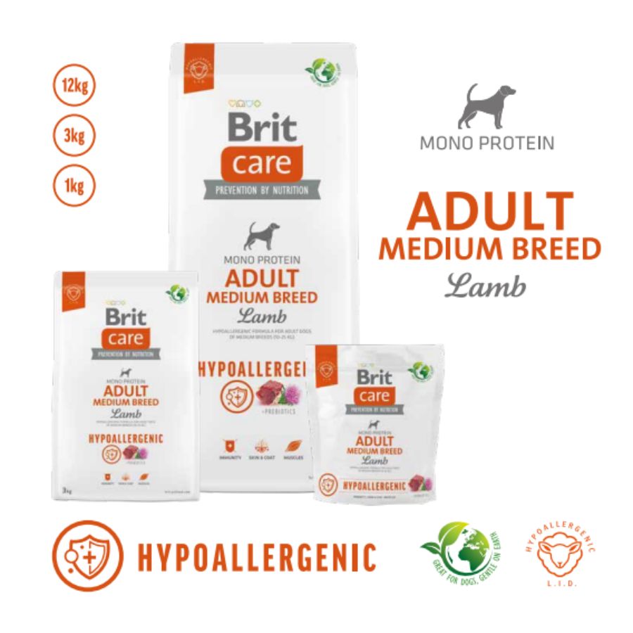 Formatos de Brit Care Hypoallergenic Medium Breed Cordero: bolsas de 1 kg, 3 kg y 12 kg para perros adultos de razas medianas