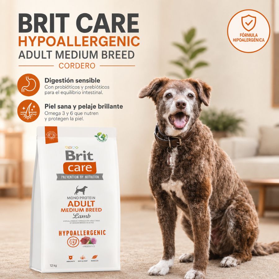 Perro mediano junto a la bolsa de Brit Care Cordero, con beneficios de digestión sensible y piel y pelaje sanos