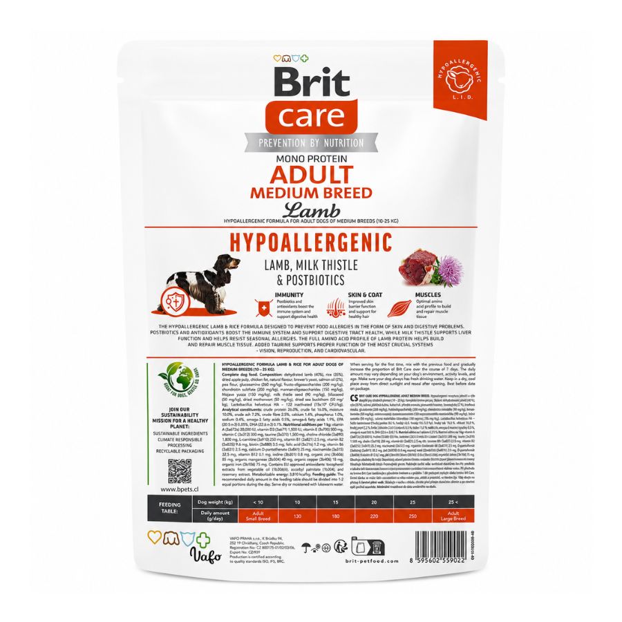 Reverso de Brit Care Hypoallergenic Medium Breed Cordero con composición, análisis y tabla de alimentación por peso