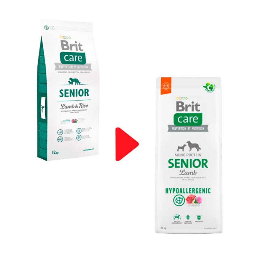 Comparación del empaque anterior y el nuevo de Brit Care Senior Cordero 12 kg, misma receta con imagen actualizada