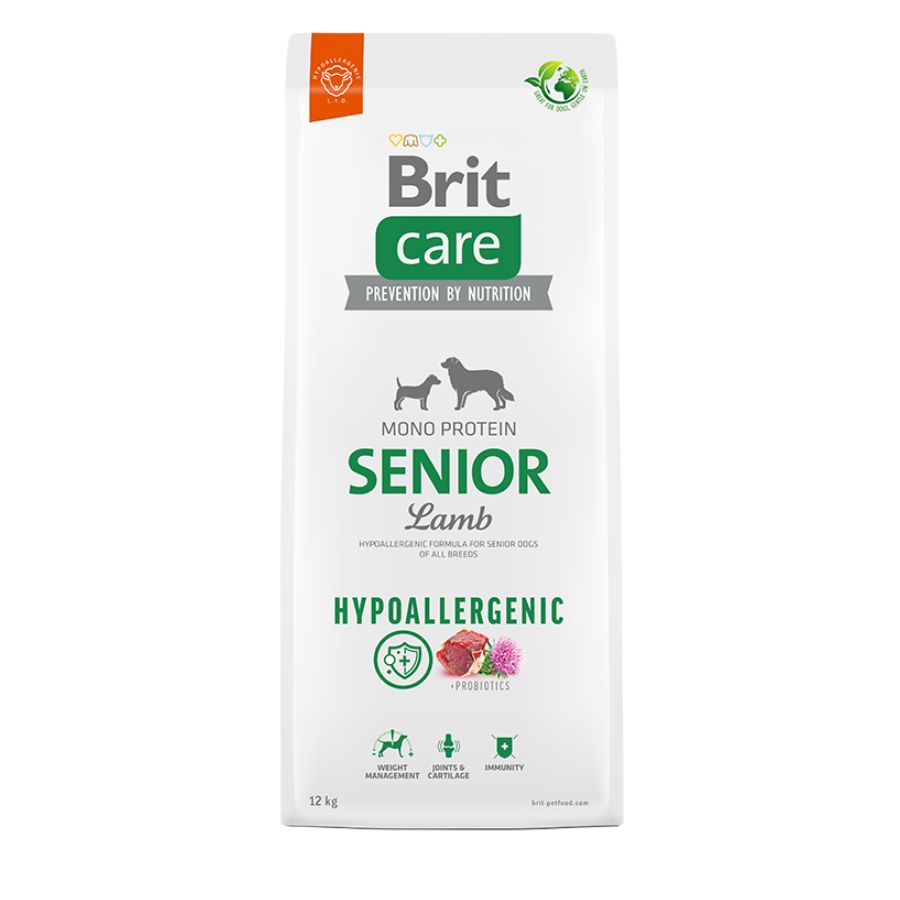 Bolsa de Brit Care Hypoallergenic Senior Cordero 12 kg, alimento monoproteico para perros mayores, vista frontal