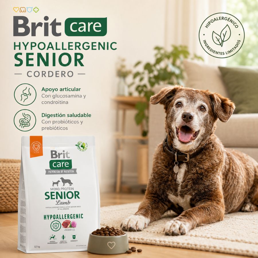 Perro senior junto a la bolsa de Brit Care Cordero 12 kg, con apoyo articular y digestión saludable con probióticos