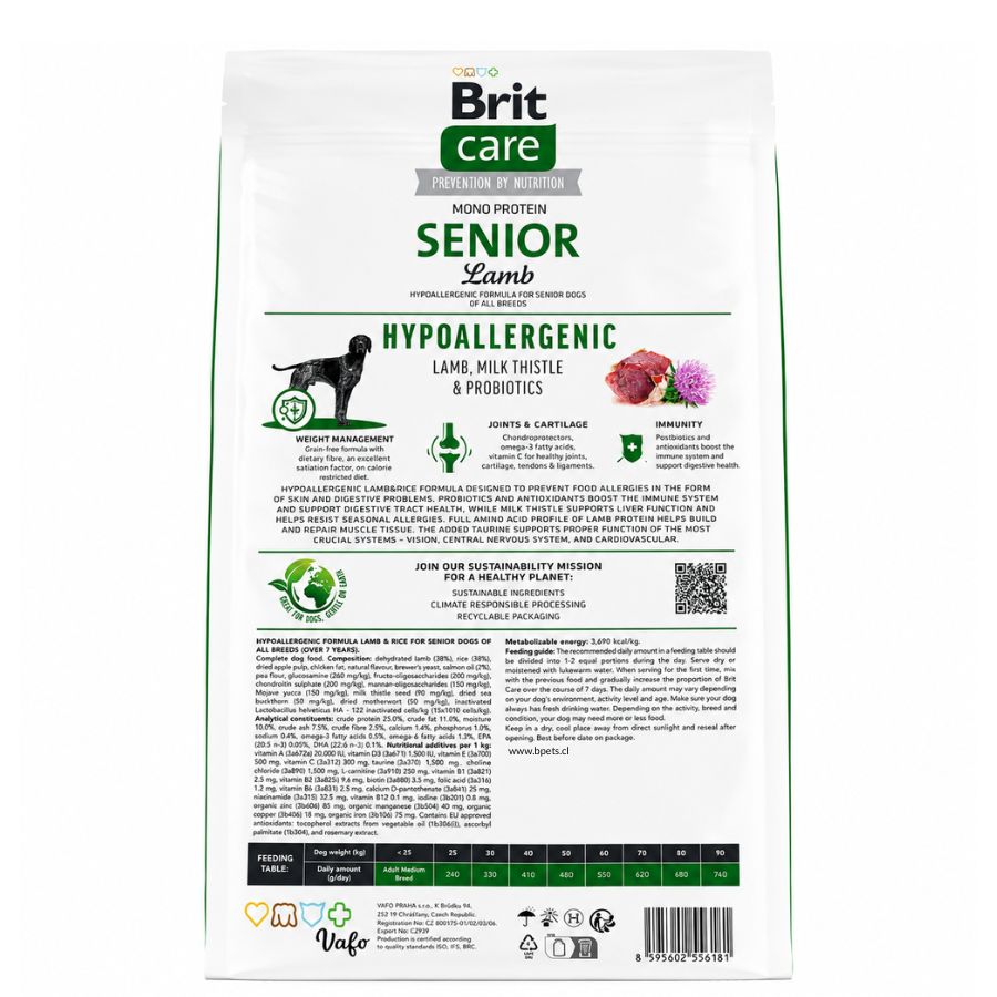 Reverso de Brit Care Hypoallergenic Senior Cordero 12 kg con composición, análisis y tabla de alimentación por peso