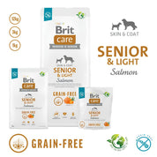 Formatos de Brit Care Senior & Light Salmón sin cereales: bolsas de 1 kg, 3 kg y 12 kg para perros senior de todas las razas