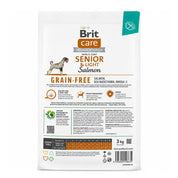 Reverso de Brit Care Senior & Light Salmón con composición, análisis garantizado, aditivos y tabla de alimentación por peso