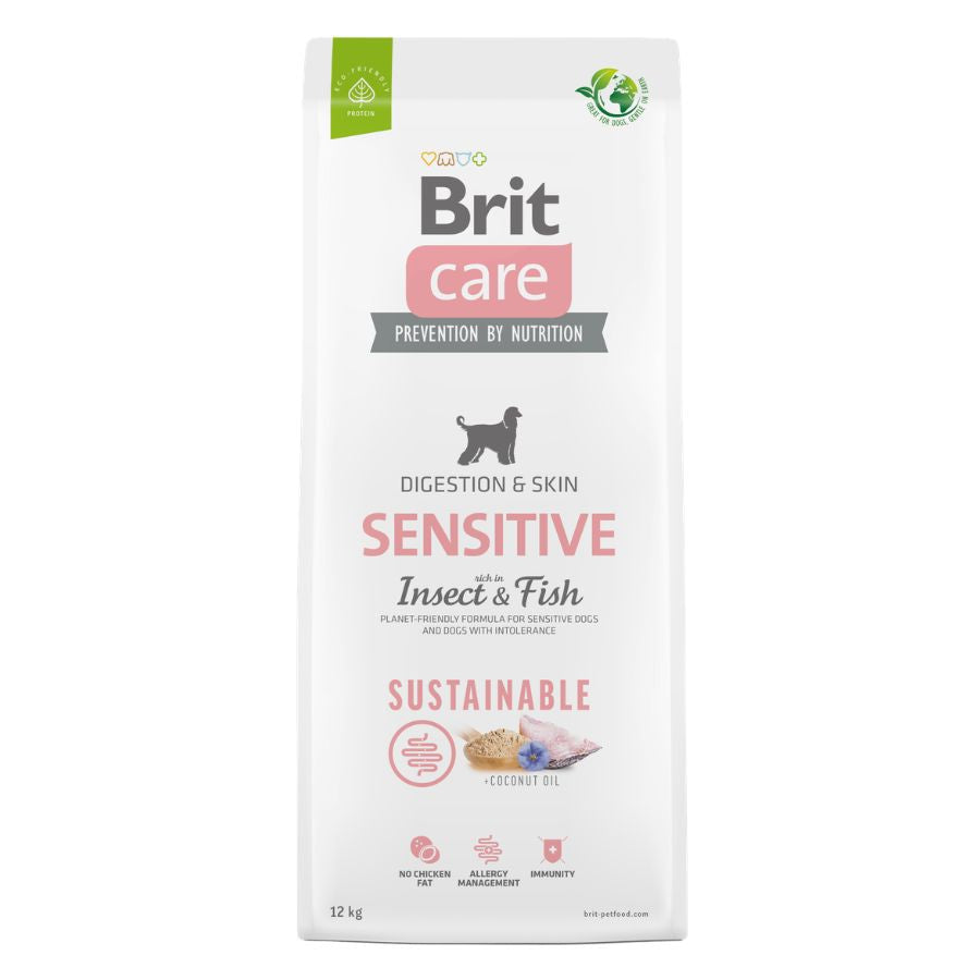 Frente de Brit Care Sensitive Insecto y Pescado 12 kg, alimento sostenible sin cereales para perros sensibles