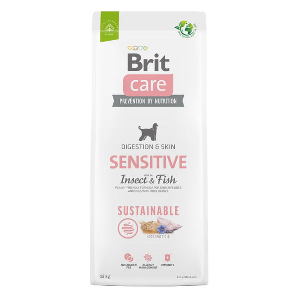 Frente de Brit Care Sensitive Insecto y Pescado 12 kg, alimento sostenible sin cereales para perros sensibles