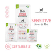 Formatos de Brit Care Sensitive Insecto y Pescado: bolsas de 1 kg, 3 kg y 12 kg para perros con digestión sensible