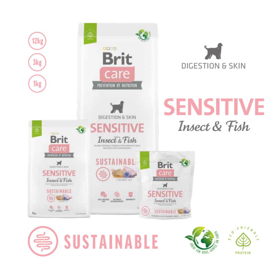 Formatos de Brit Care Sensitive Insecto y Pescado: bolsas de 1 kg, 3 kg y 12 kg para perros con digestión sensible