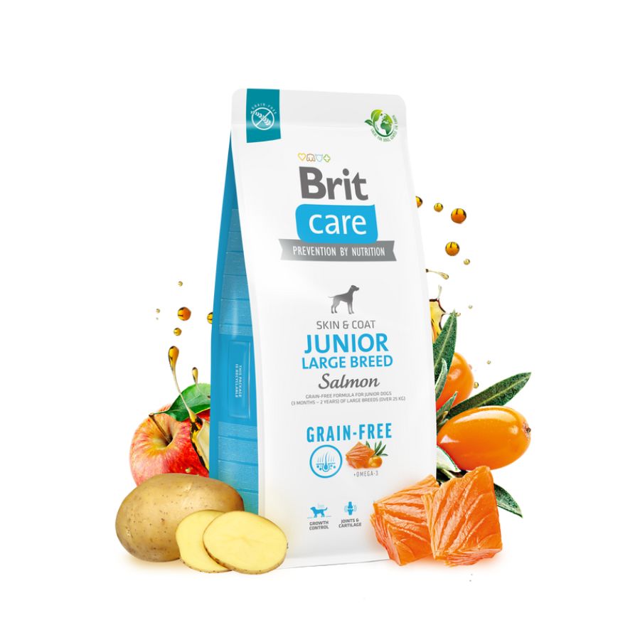 Brit Care Dog Grain-Free Junior Large Breed Salmón 3KG, alimento sin cereales para cachorros de razas grandes, promueve crecimiento óptimo y protege articulaciones.