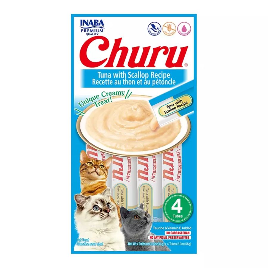 Churu Atún y Ostión: Snack cremoso para gatos, combinación de atún y pollo, alto en humedad para la salud. Libre de granos, ideal para medicamentos. 🐱🐟🐚