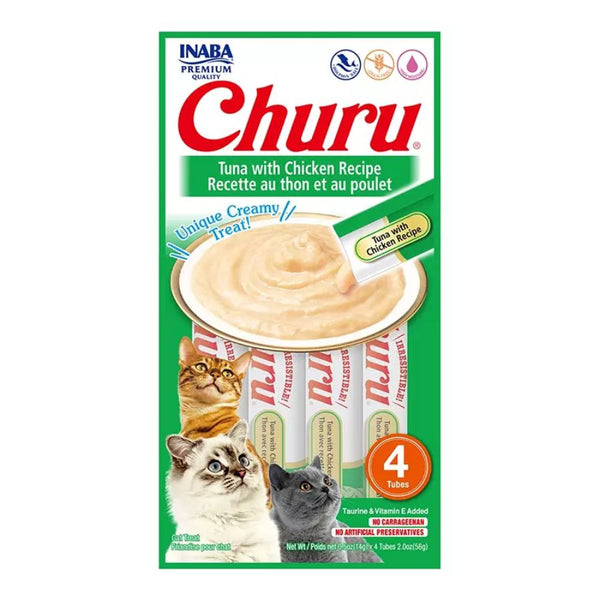 Churu Atún y Pollo: Snack para gatos con atún silvestre y pollo de granja, cremoso y delicioso. Ideal para hidratación y salud.