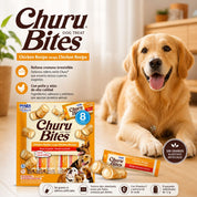 Churu bites Pollo para Perros, snack cremoso sin granos, con pollo, atún, vitamina E y textura suave irresistible.