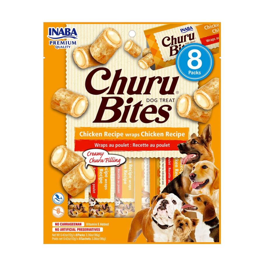 Churu bites Pollo para Perros, snack cremoso sin granos, con pollo, atún, vitamina E y textura suave irresistible.