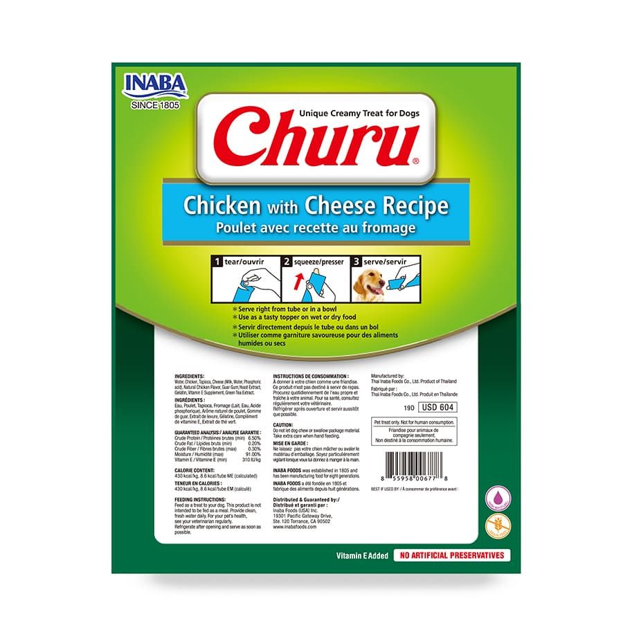 Churu Perro Sabor Pollo y Queso 8 tubos snack cremoso bajo en calorías, sin cereales y con alta humedad para perros.