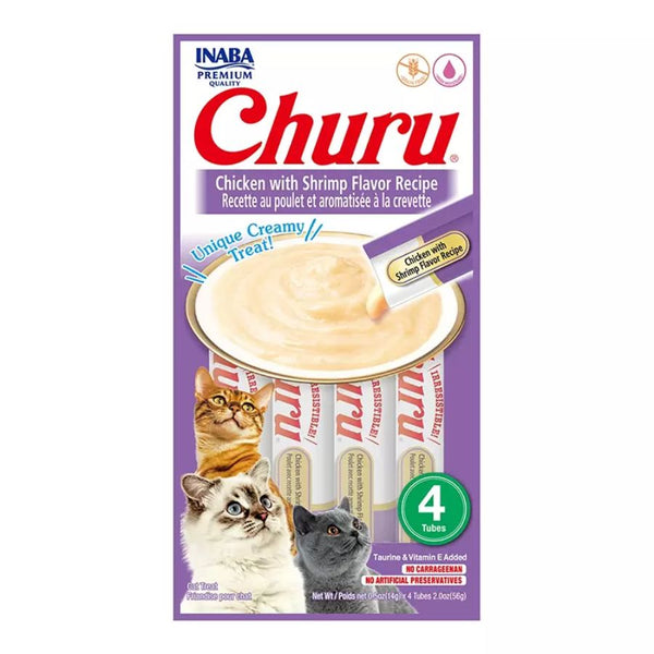 Churu Pollo y Camarón: Snack cremoso para gatos con pollo y camarón, ideal para hidratación y salud. Sin cereales, excelente para mezclar con medicinas.