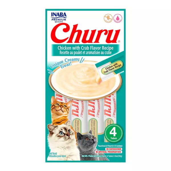 Churu Pollo y Cangrejo: Snack cremoso para gatos con pollo y sabor a cangrejo, alto en humedad para la salud. Sin cereales, perfecto para mezclar con medicinas.