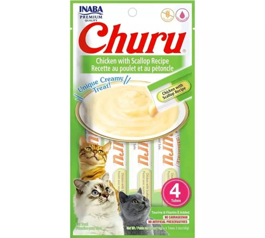 Churu Pollo y Ostión: Snack cremoso para gatos con pollo y vieiras, alto en humedad para la salud. Sin cereales, ideal para administrar medicamentos. 🐱🍗🐚