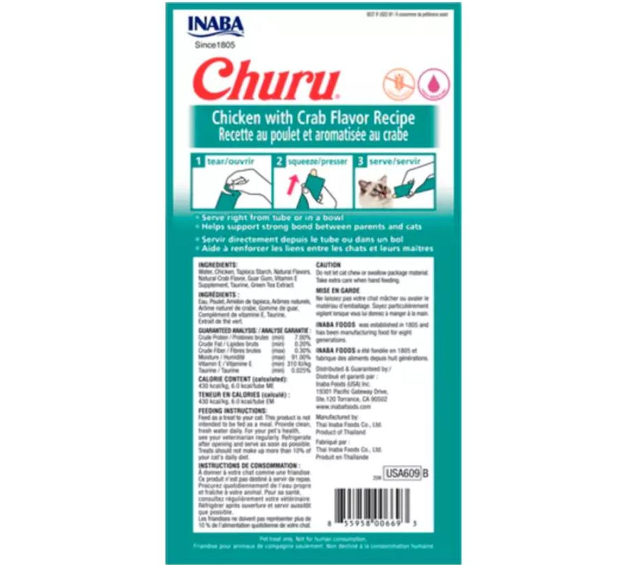 Churu Pollo y Cangrejo: Snack cremoso para gatos con pollo y sabor a cangrejo, alto en humedad para la salud. Sin cereales, perfecto para mezclar con medicinas. 🐱🍗🦀