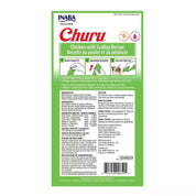 Churu Pollo y Ostión: Snack cremoso para gatos con pollo y vieiras, alto en humedad para la salud. Sin cereales, ideal para administrar medicamentos. 🐱🍗🐚