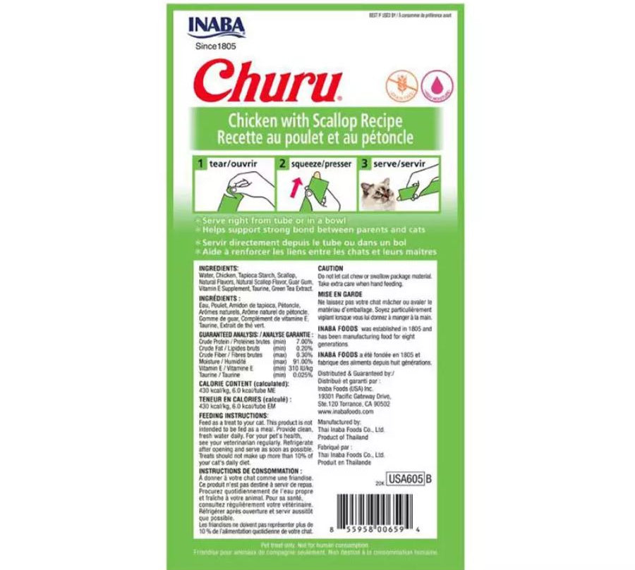 Churu Pollo y Ostión: Snack cremoso para gatos con pollo y vieiras, alto en humedad para la salud. Sin cereales, ideal para administrar medicamentos. 🐱🍗🐚