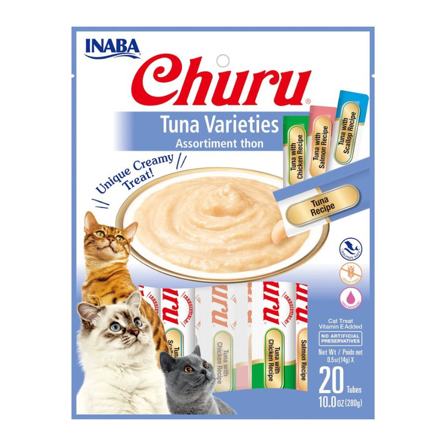 Bolsa frontal de Churu Variedades de Atún con 20 tubos de 14 g, snack cremoso para gatos de Inaba