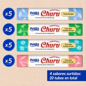 Las cuatro recetas del pack: atún, atún con pollo, atún con ostión y atún con salmón, 5 tubos de cada una