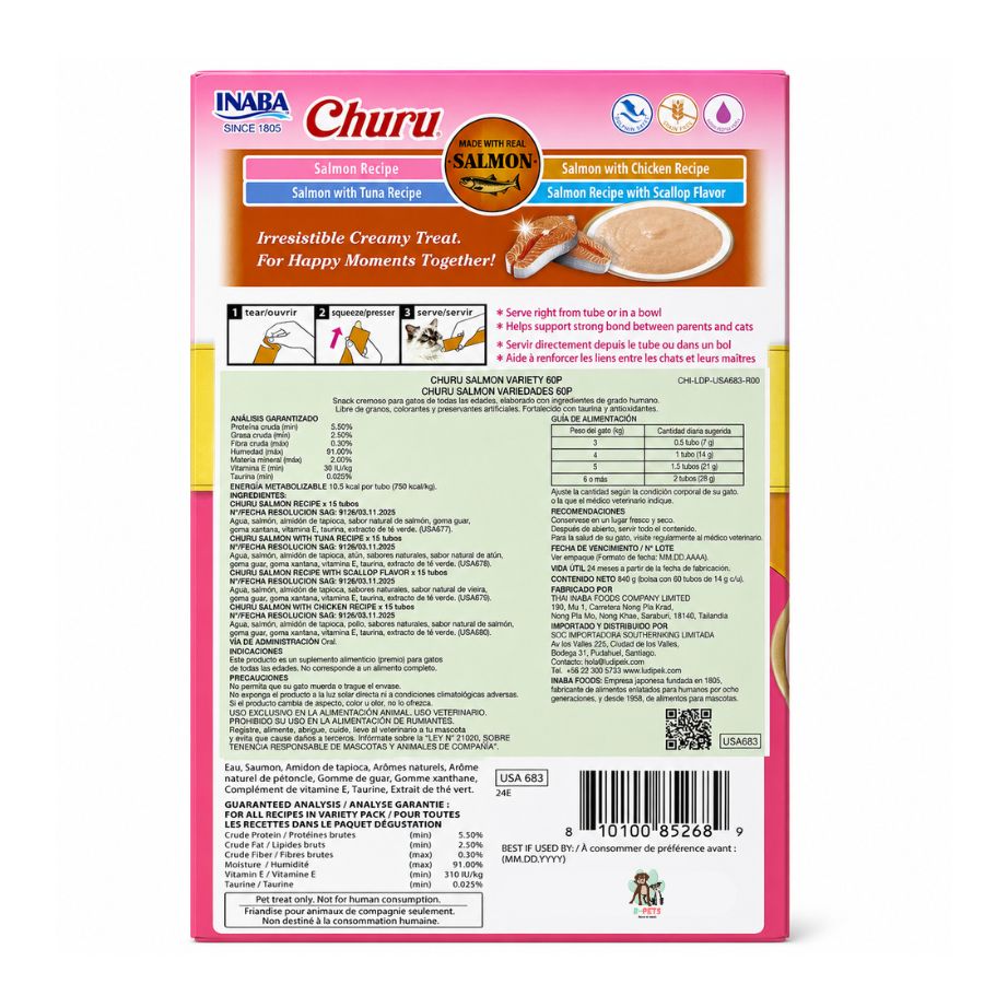 Reverso de la caja Churu Variedades de Salmón con análisis garantizado, ingredientes por receta y guía de alimentación