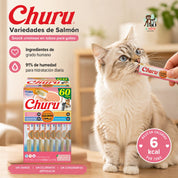 Gato comiendo Churu Variedades de Salmón desde el tubo, con 6 kcal por tubo, 91% de humedad e ingredientes de grado humano