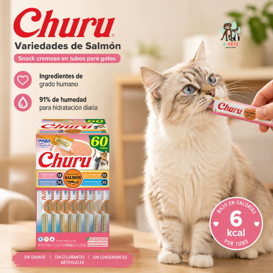 Gato comiendo Churu Variedades de Salmón desde el tubo, con 6 kcal por tubo, 91% de humedad e ingredientes de grado humano
