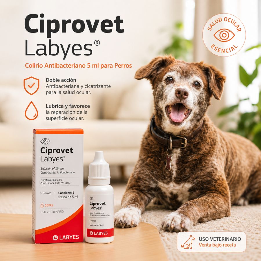 Perro junto a la caja y el frasco de Ciprovet Labyes para perros, con sus beneficios antibacteriano y cicatrizante