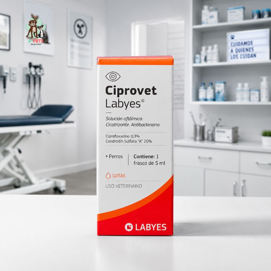 Caja de Ciprovet Labyes colirio para perros sobre el mesón de una clínica veterinaria, frasco de 5 ml