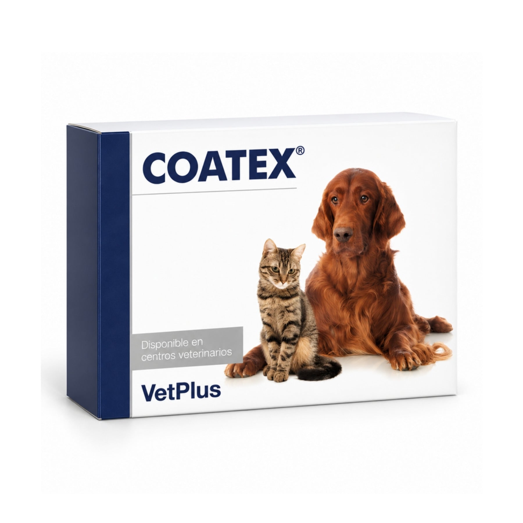 Caja de Coatex VetPlus en ángulo tres cuartos, suplemento de omega-3 y omega-6 para perros y gatos