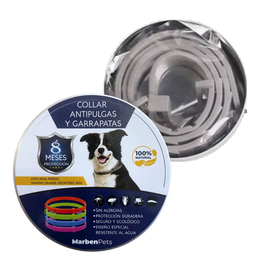 Collar Anti-Pulgas y Garrapatas para Perros MarbenPets protección natural hasta 8 meses, resistente al agua y seguro para perros grandes.
