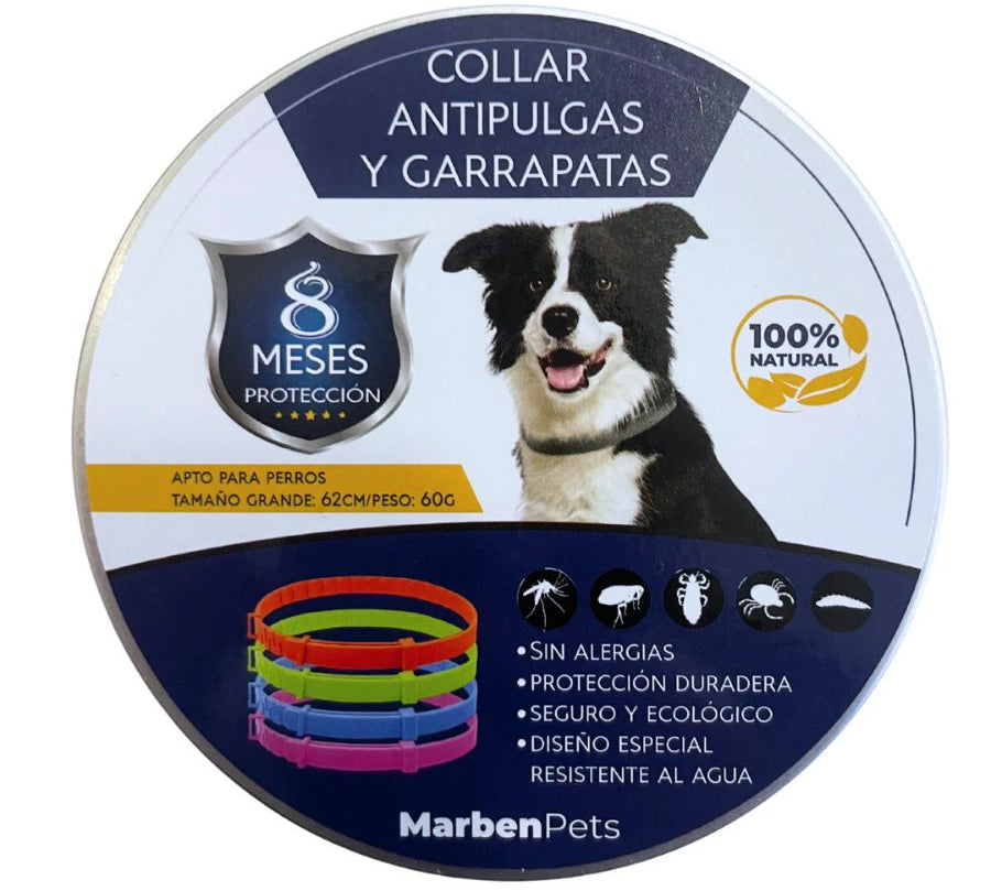 Collar Anti-Pulgas y Garrapatas para Perros MarbenPets protección natural hasta 8 meses, resistente al agua y seguro para perros grandes.