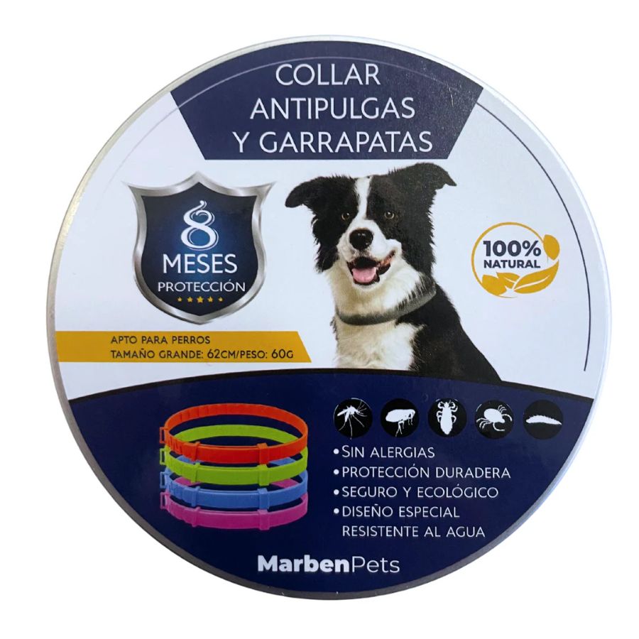 Collar Anti-Pulgas y Garrapatas para Perros MarbenPets protección natural hasta 8 meses, resistente al agua y seguro para perros grandes.