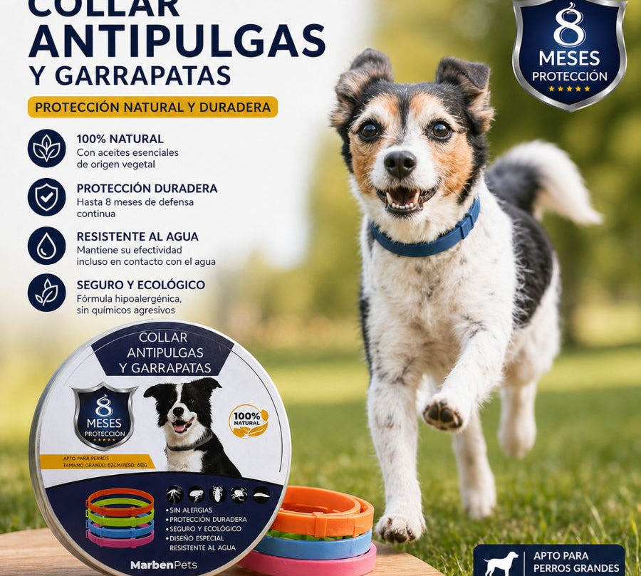 Collar Anti-Pulgas y Garrapatas para Perros MarbenPets protección natural hasta 8 meses, resistente al agua y seguro para perros grandes.