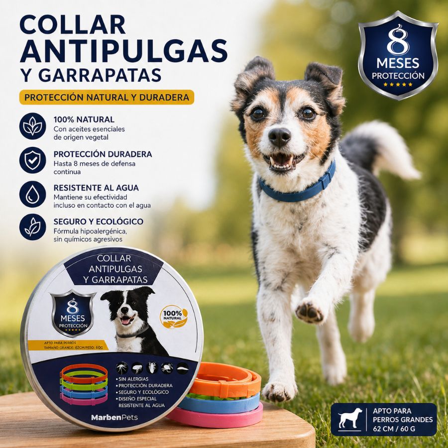 Collar Anti-Pulgas y Garrapatas para Perros MarbenPets protección natural hasta 8 meses, resistente al agua y seguro para perros grandes.