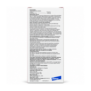 Reverso de la caja Credelio 112,5 mg con composición de lotilaner, dosis, precauciones y Reg. SAG N° 2424