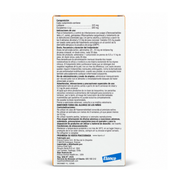 Reverso de la caja Credelio 225 mg de 3 comprimidos con composición, dosis, precauciones y Reg. SAG N° 2425
