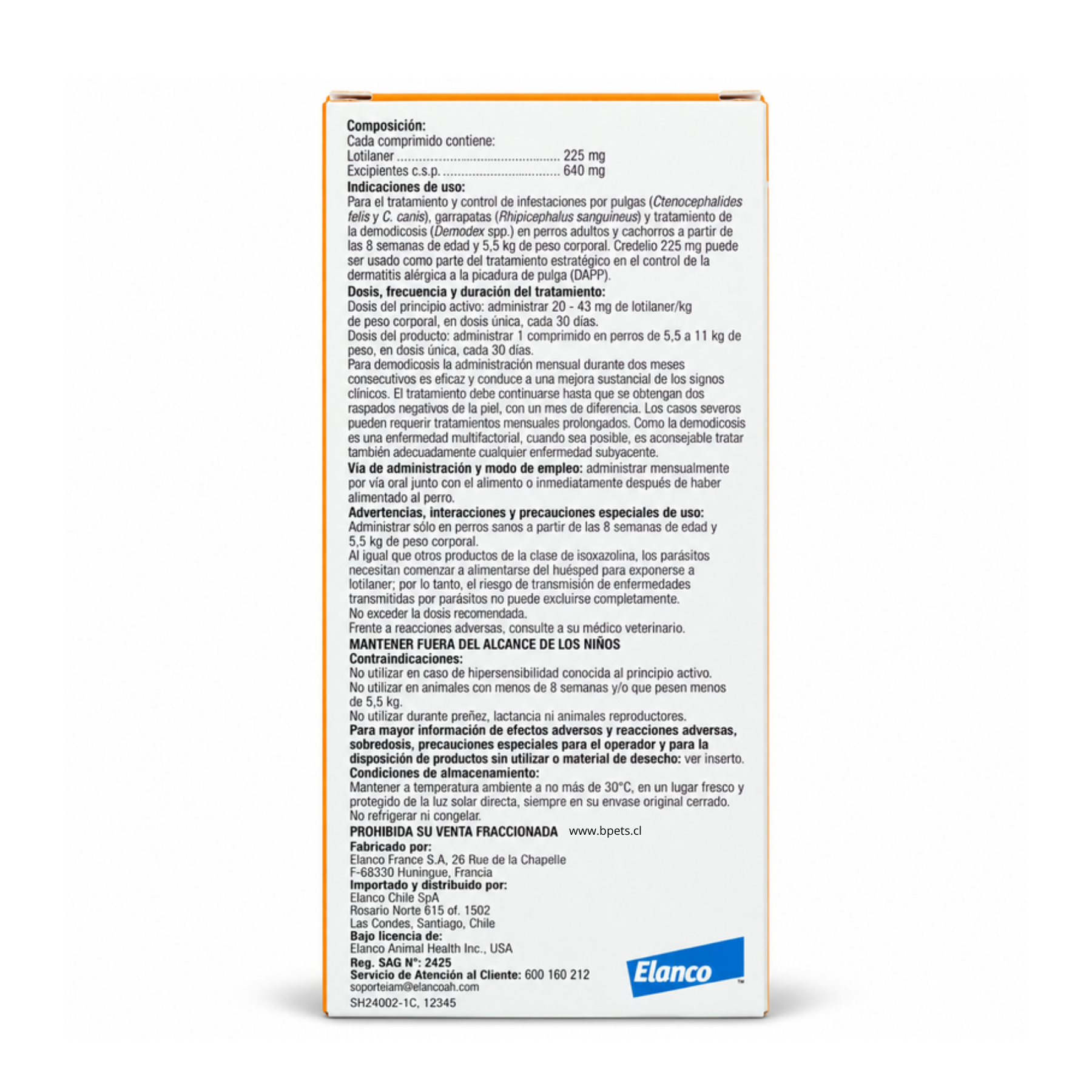 Reverso de la caja Credelio 225 mg de 3 comprimidos con composición, dosis, precauciones y Reg. SAG N° 2425